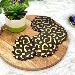 Set of black Resin Coasters with Gold center panther leopard animal print